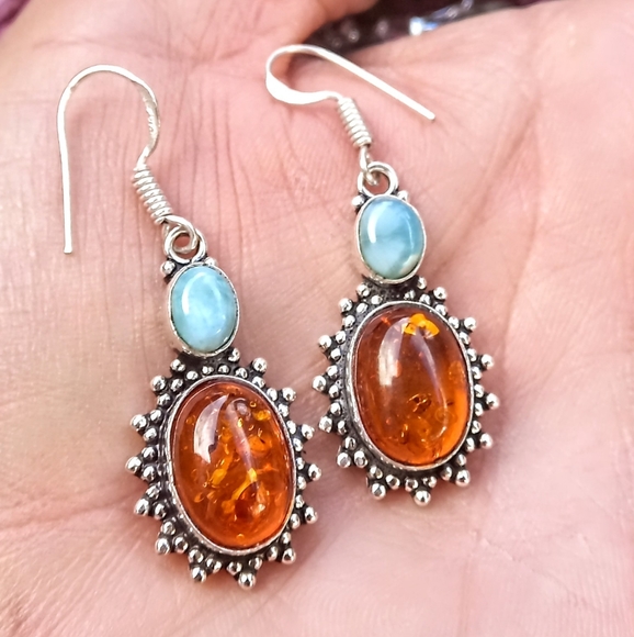 Dreamgems Jewelry - Baltic Amber Larimar 925 Earrings